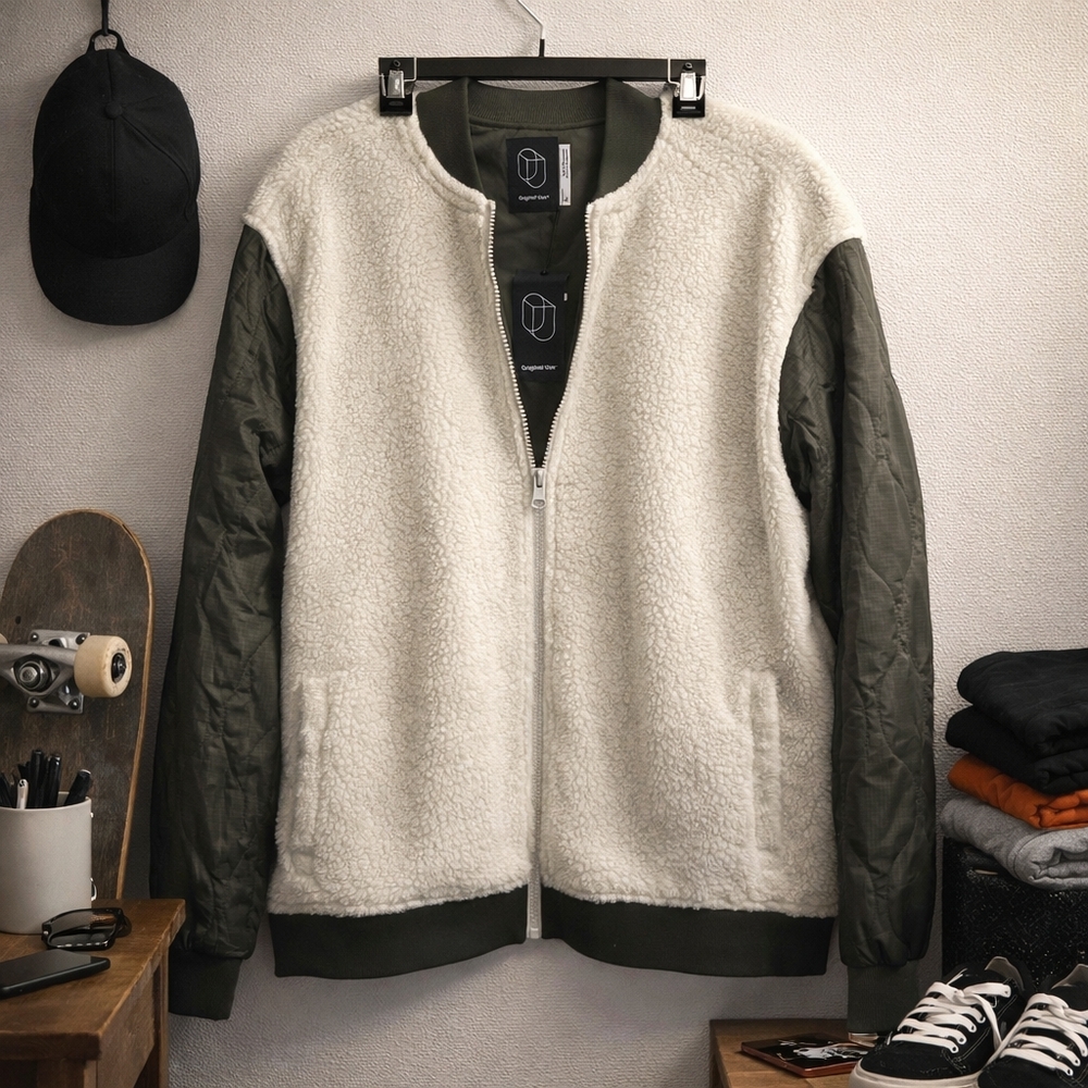 Original Use Sherpa Bomber Jacket in Cream and Olive
